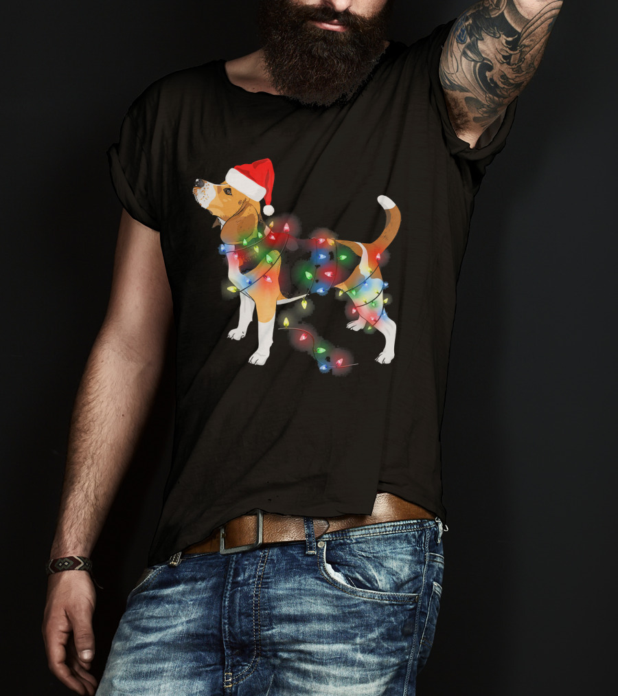 Beagle With Christmas Lights And Santa Hat T-Shirt