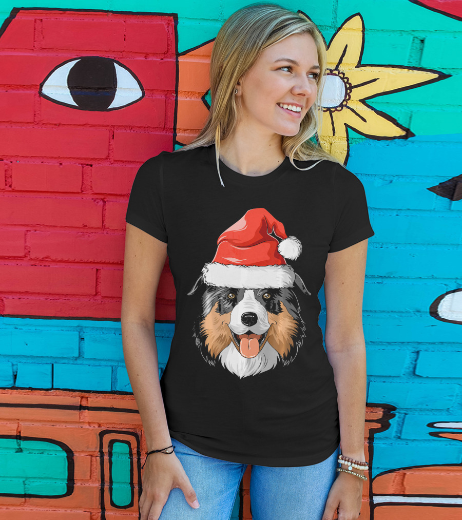 Australian Shepherd Dog Wearing Festive Santa Hat T-Shirt