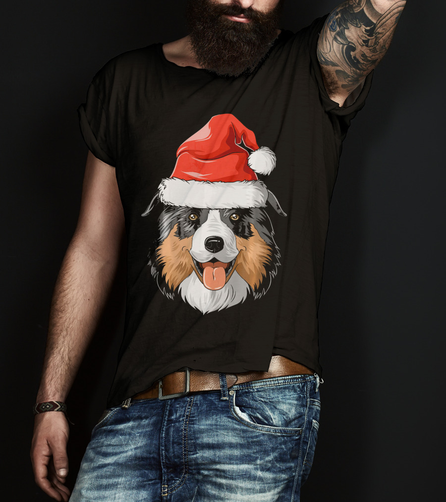 Australian Shepherd Dog Wearing Festive Santa Hat T-Shirt