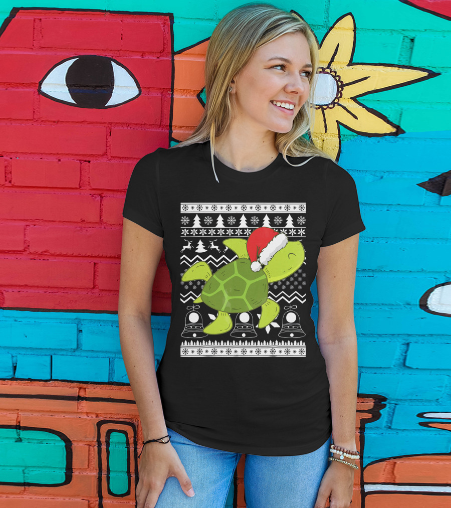 Sea Turtle Santa Holiday Sweater Design With Christmas Bells, Reindeer, Trees, And Snowflakes T-Shirt
