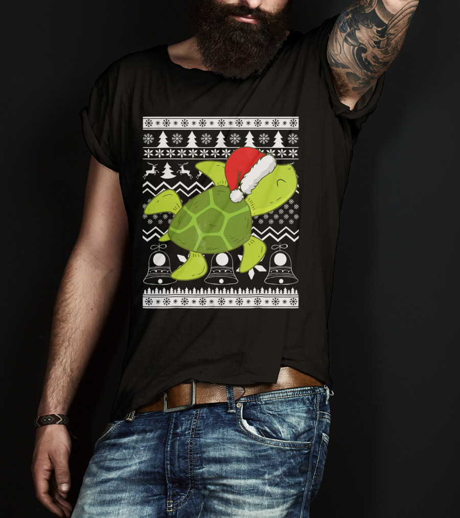 Sea Turtle Santa Holiday Sweater Design With Christmas Bells, Reindeer, Trees, And Snowflakes T-Shirt