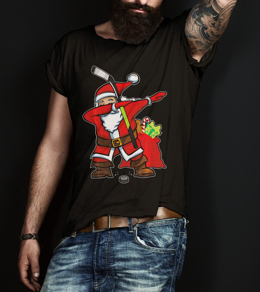 Santa Dabbing With Hockey Stick Christmas Hip Hop With Gifts And Hockey Puck T-Shirt