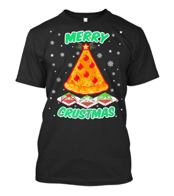 MERRY CRUSTMAS Funny Pizza Christmas Tree With Snowflakes And Pizza Boxes T-Shirt