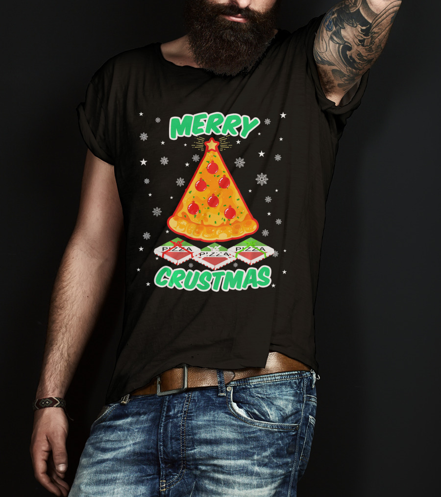 MERRY CRUSTMAS Funny Pizza Christmas Tree With Snowflakes And Pizza Boxes T-Shirt