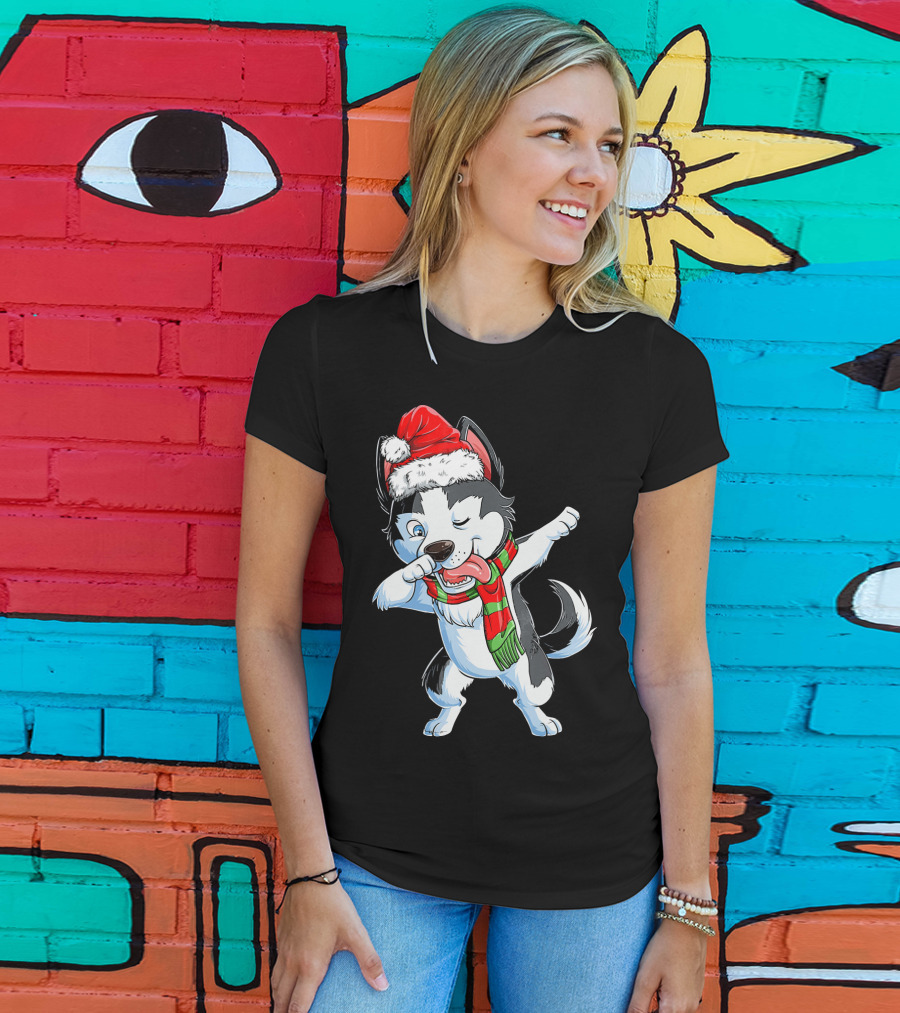 Dabbing Siberian Husky Santa Christmas Dog With Scarf T-Shirt