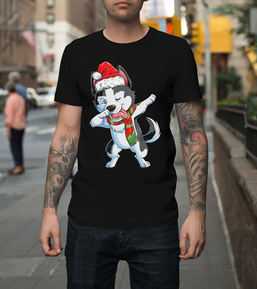 Dabbing Siberian Husky Santa Christmas Dog With Scarf T-Shirt