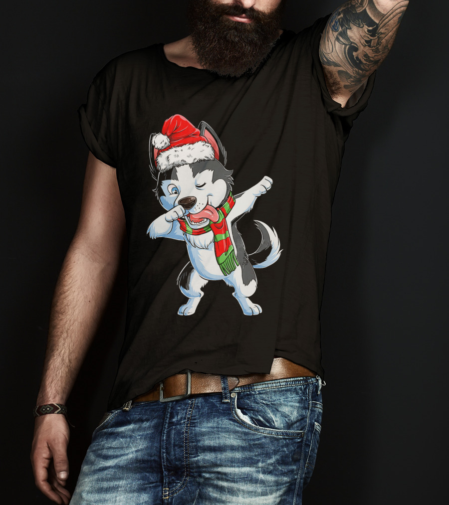 Dabbing Siberian Husky Santa Christmas Dog With Scarf T-Shirt