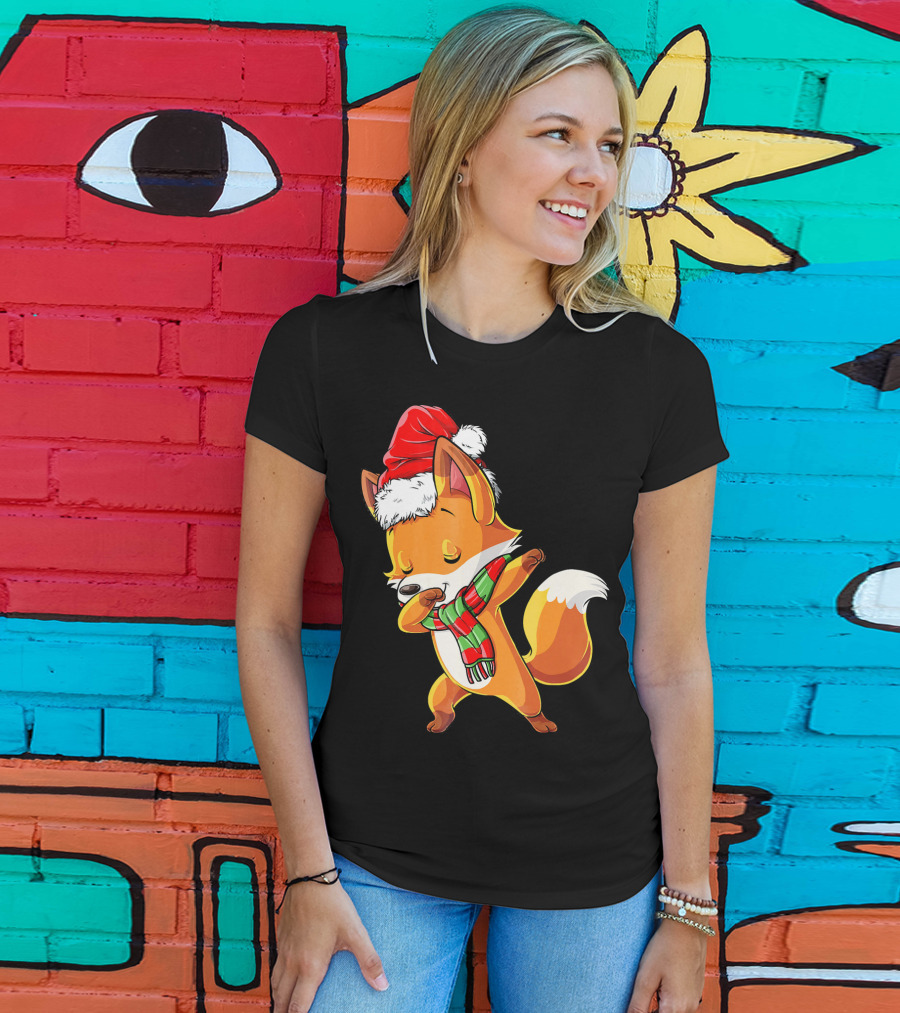 Christmas Dab Fox With Santa Hat And Scarf T-Shirt