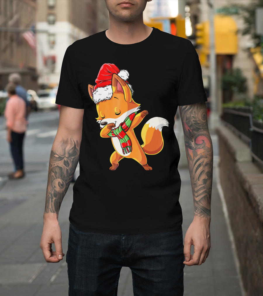Christmas Dab Fox With Santa Hat And Scarf T-Shirt