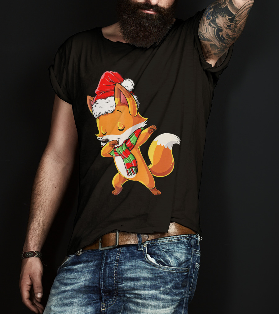 Christmas Dab Fox With Santa Hat And Scarf T-Shirt