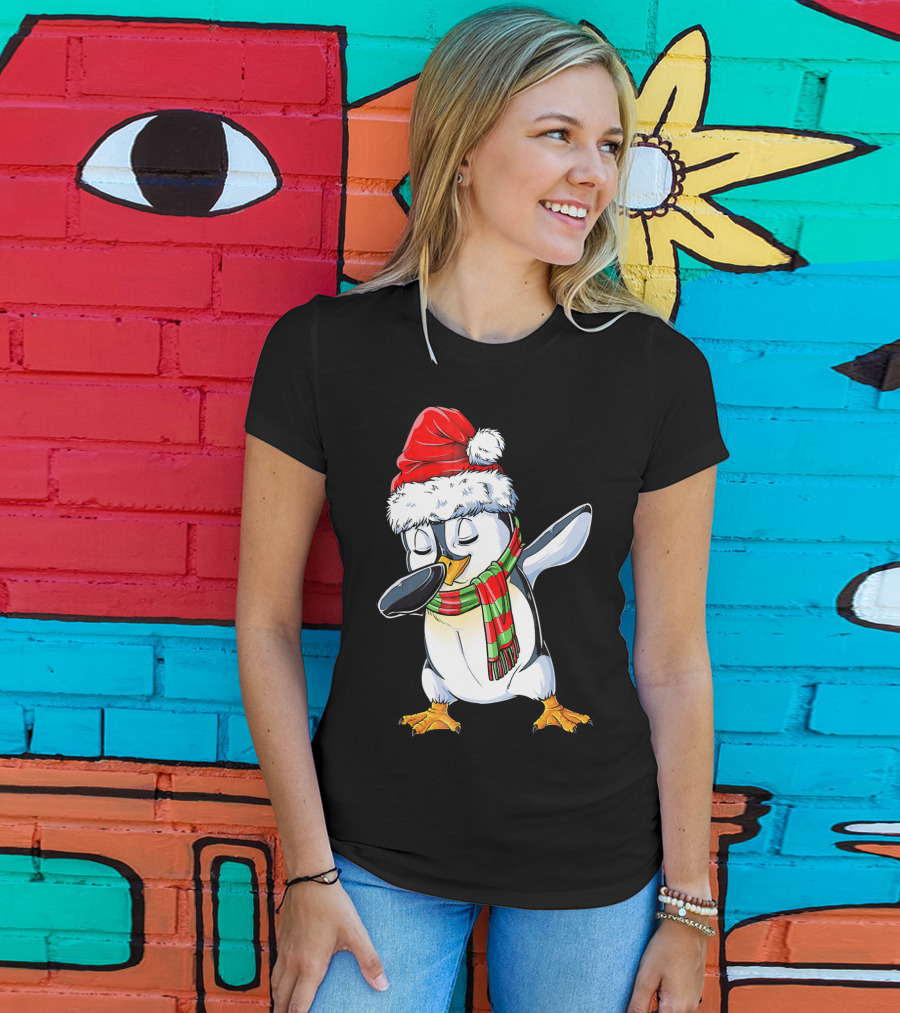 Dabbing Penguin Santa Claus With Festive Scarf T-Shirt