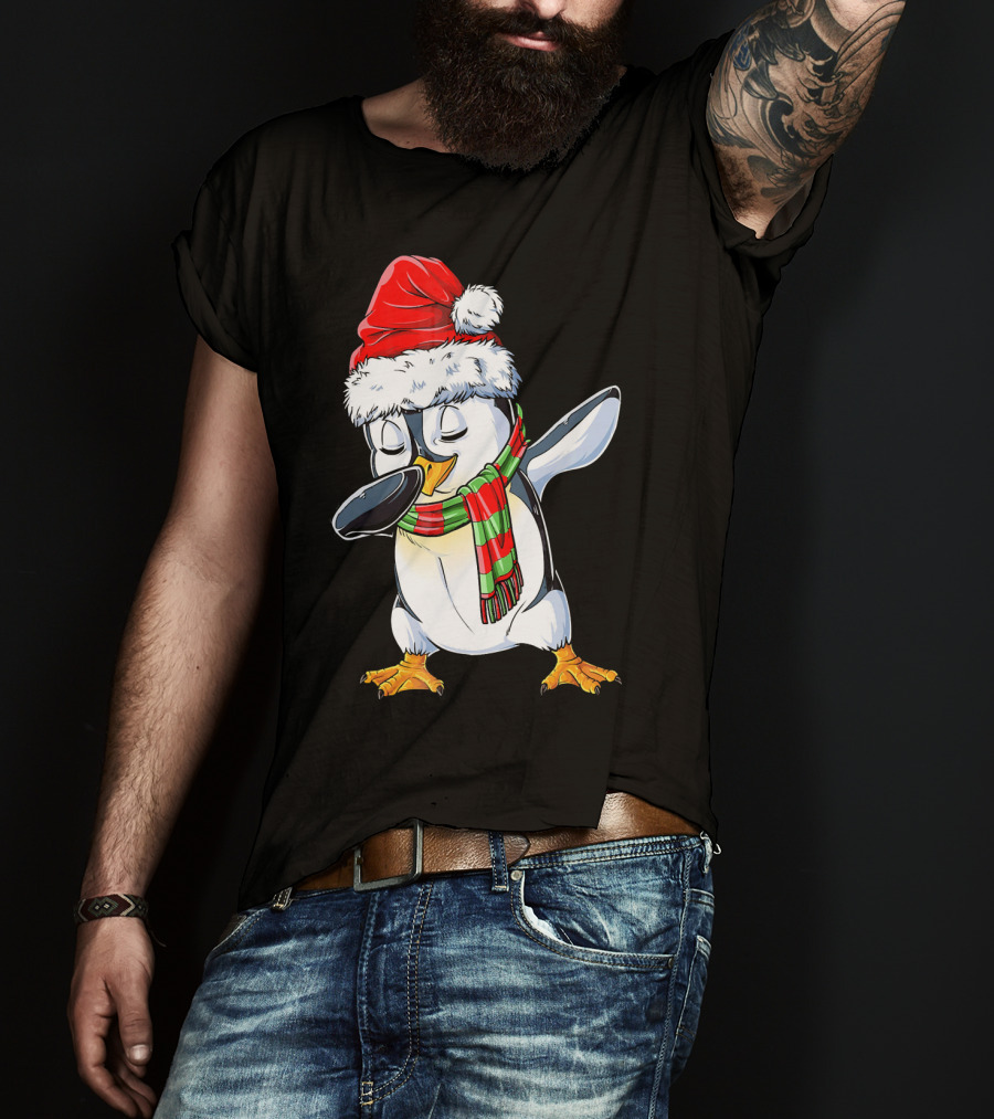 Dabbing Penguin Santa Claus With Festive Scarf T-Shirt