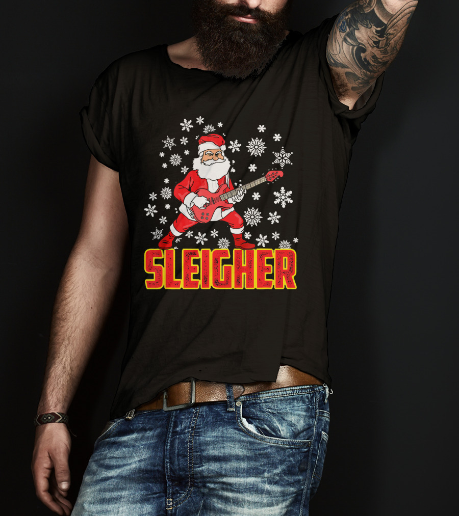 Sleigher Santa Claus With Guitar And Snowflakes T-Shirt
