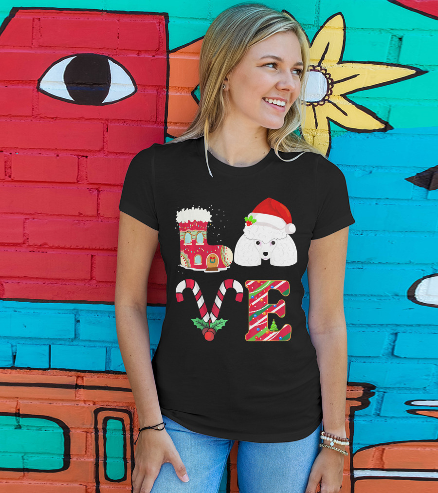 I Love My Poodle Funny Christmas Poodle Candy Cane Santa Hat Holiday Boot T-Shirt