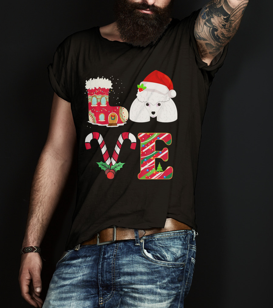 I Love My Poodle Funny Christmas Poodle Candy Cane Santa Hat Holiday Boot T-Shirt