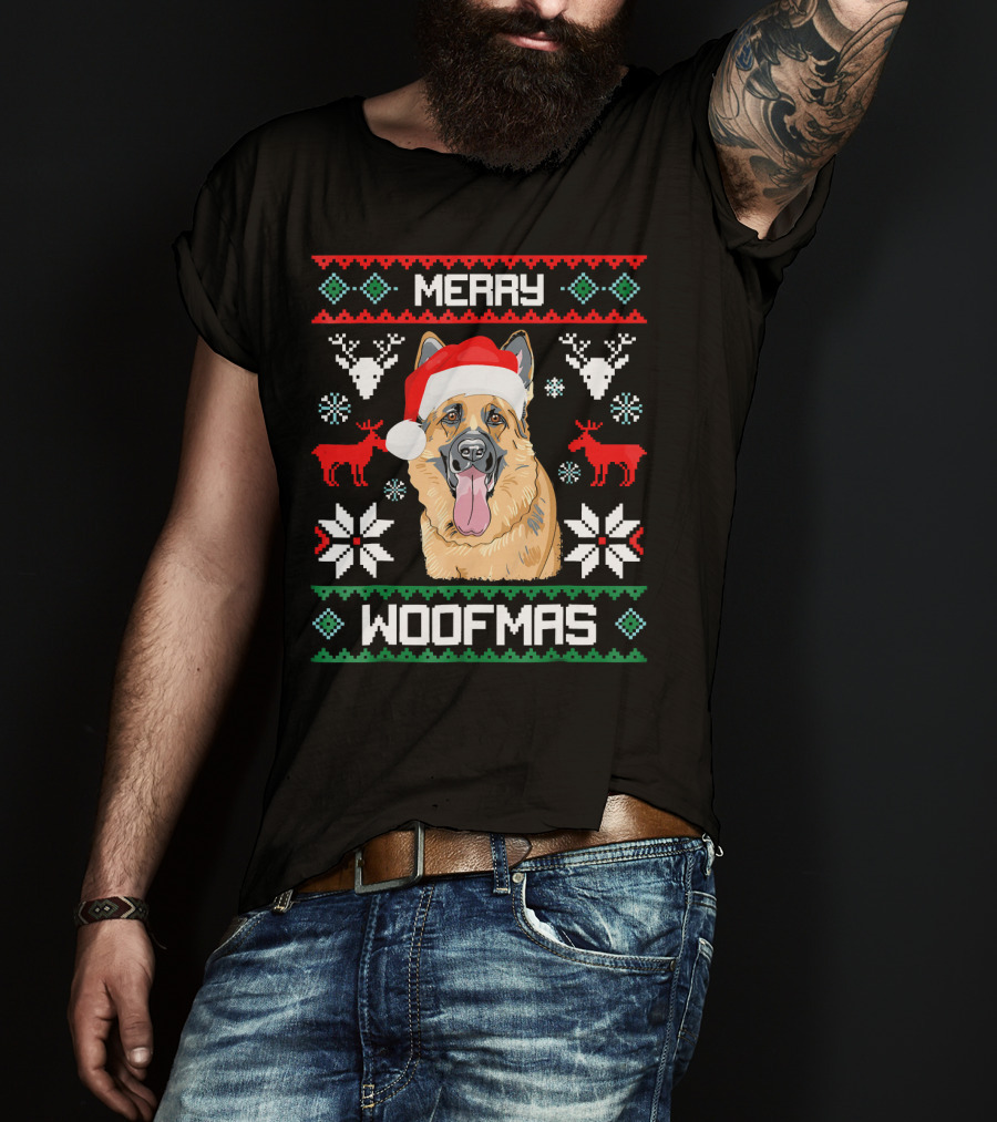 Merry Woofmas German Shepherd Santa Hat Christmas Reindeer Snowflakes T-Shirt