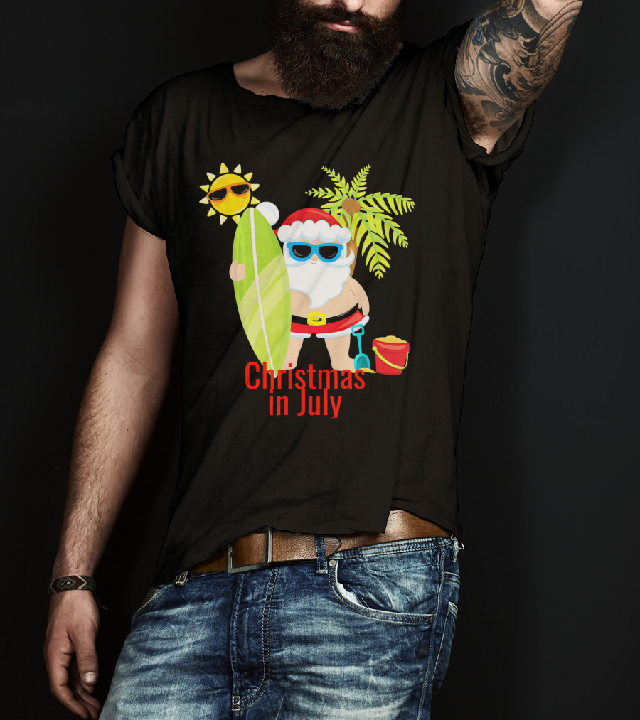 Christmas In July Beach Santa Surfer Sunny Holiday Fun T-Shirt