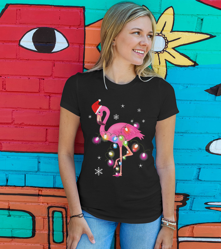 Pink Flamingo Christmas Lights And Santa Hat T-Shirt