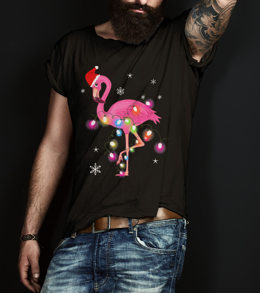 Pink Flamingo Christmas Lights And Santa Hat T-Shirt