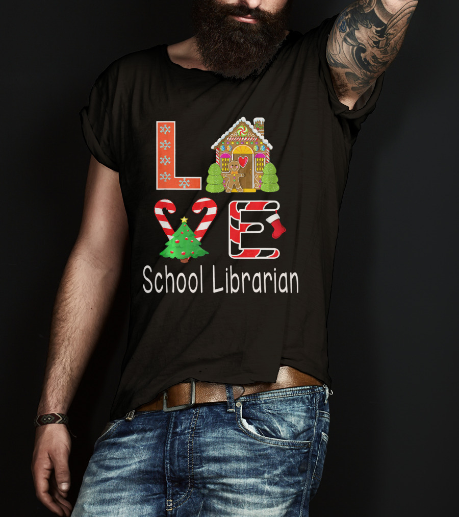LOVE School Librarian Merry Christmas Gingerbread House Candy Cane Tree T-Shirt
