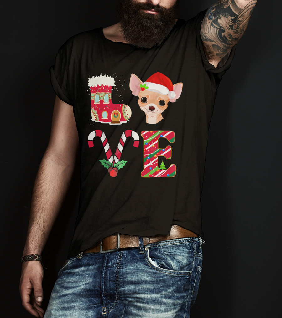I Love My Chihuahua Christmas Theme With Santa Hat And Holiday Decorations T-Shirt