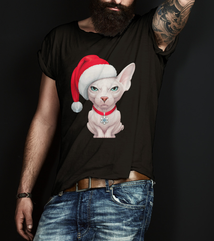 Sphynx Cat Santa Hat Christmas Holiday Festive Pet Charm T-Shirt