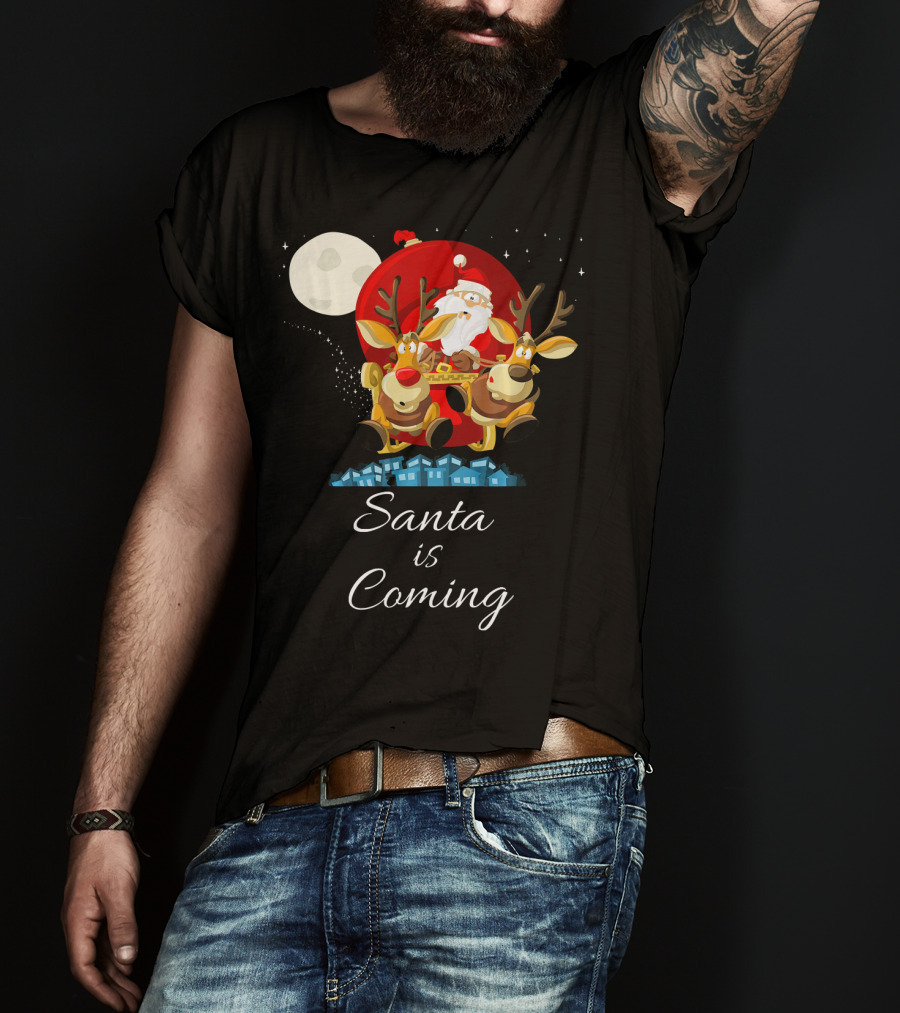 Santa Is Coming With Reindeer Sleigh Under The Moonlight T-Shirt