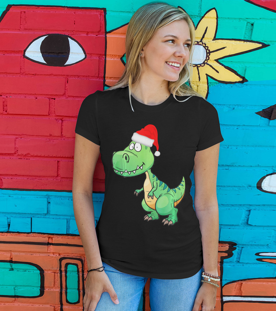 Santa Dinosaur Christmas T-Rex With Santa Hat T-Shirt