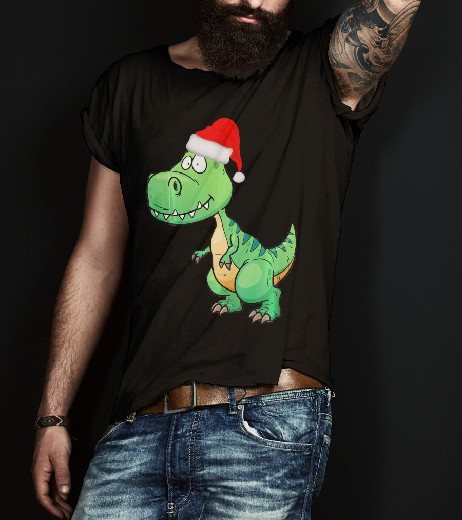 Santa Dinosaur Christmas T-Rex With Santa Hat T-Shirt