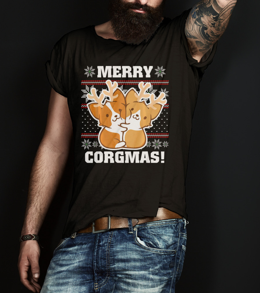 Merry Corgmas Ugly Christmas Sweater With Cute Corgis And Reindeer Antlers T-Shirt