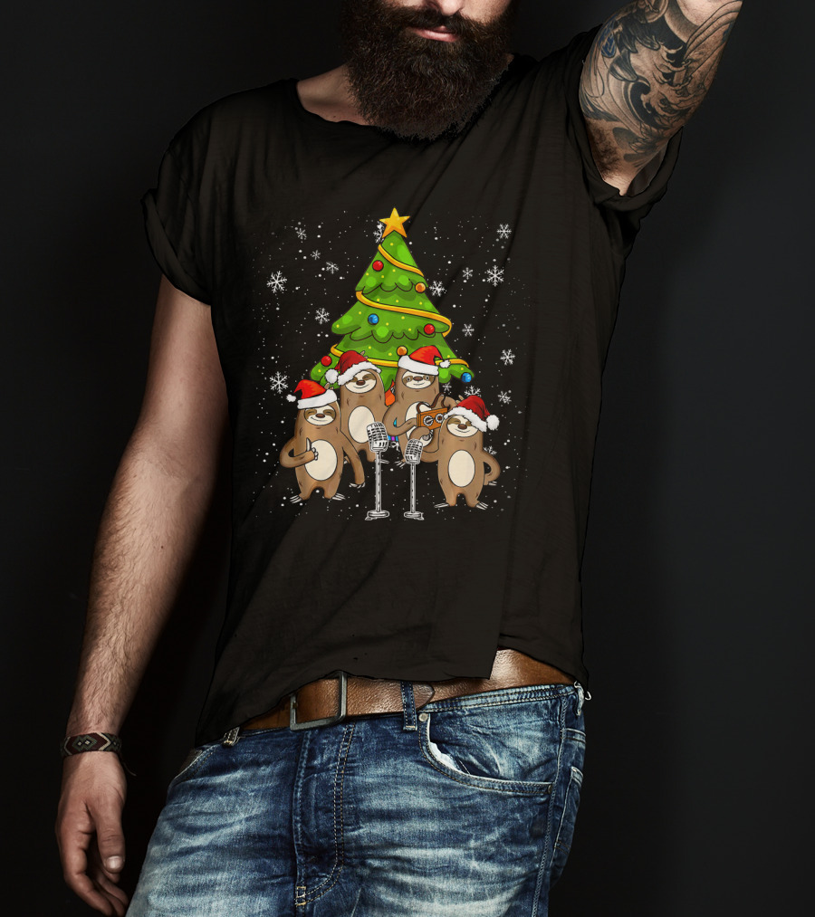 Santa Sloths Singing Festive Cheer Around Christmas Tree T-Shirt