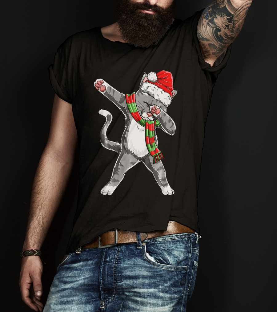 Dabbing Cat Santa Christmas Kids Bo Kitty Santa Hat Green Red Scarf T-Shirt