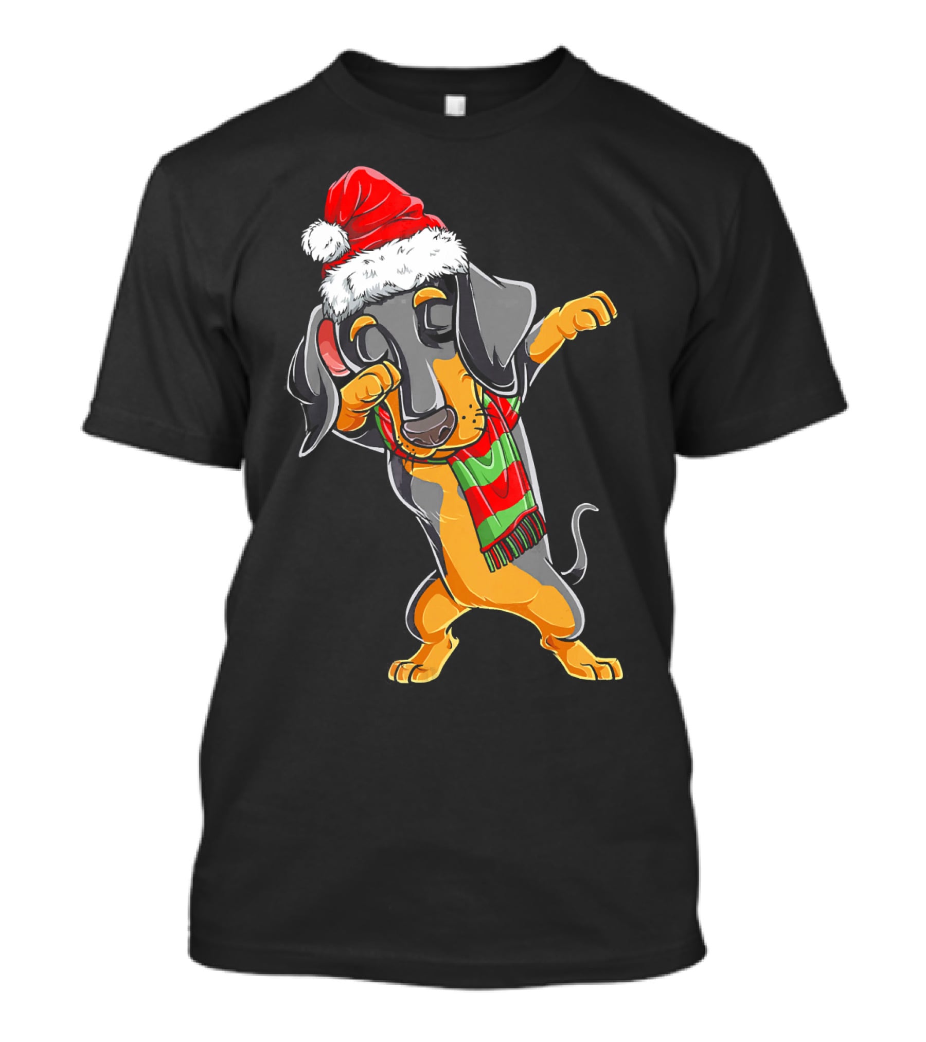 Dabbing Dachshund Santa With Christmas Hat And Scarf T-Shirt