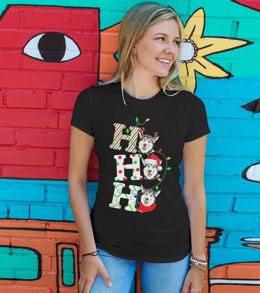Ho Ho Ho Husky Santa Hat Reindeer Antlers Christmas Lights T-Shirt