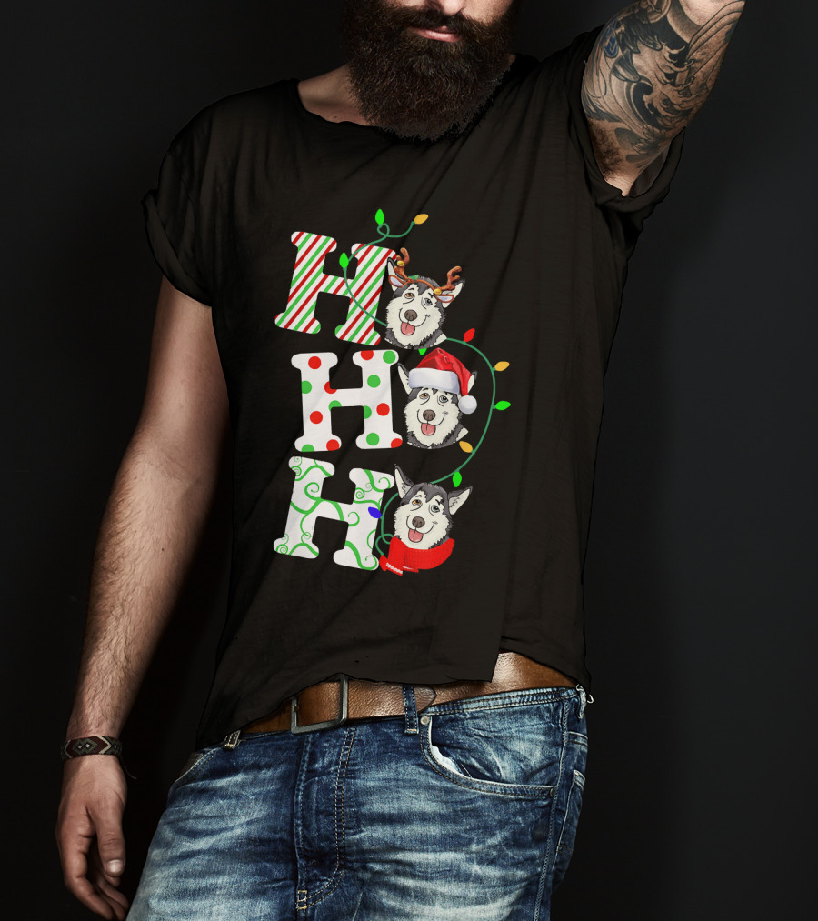 Ho Ho Ho Husky Santa Hat Reindeer Antlers Christmas Lights T-Shirt