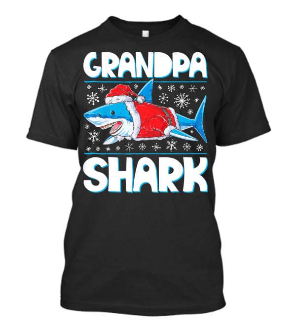 Grandpa Shark In Santa Hat With Snowflakes T-Shirt