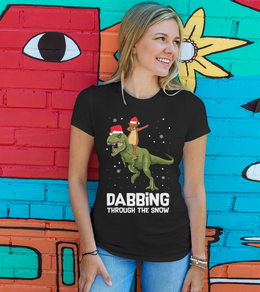 Dabbing Through The Snow Otter Rides Dinosaur Santa Hats T-Shirt