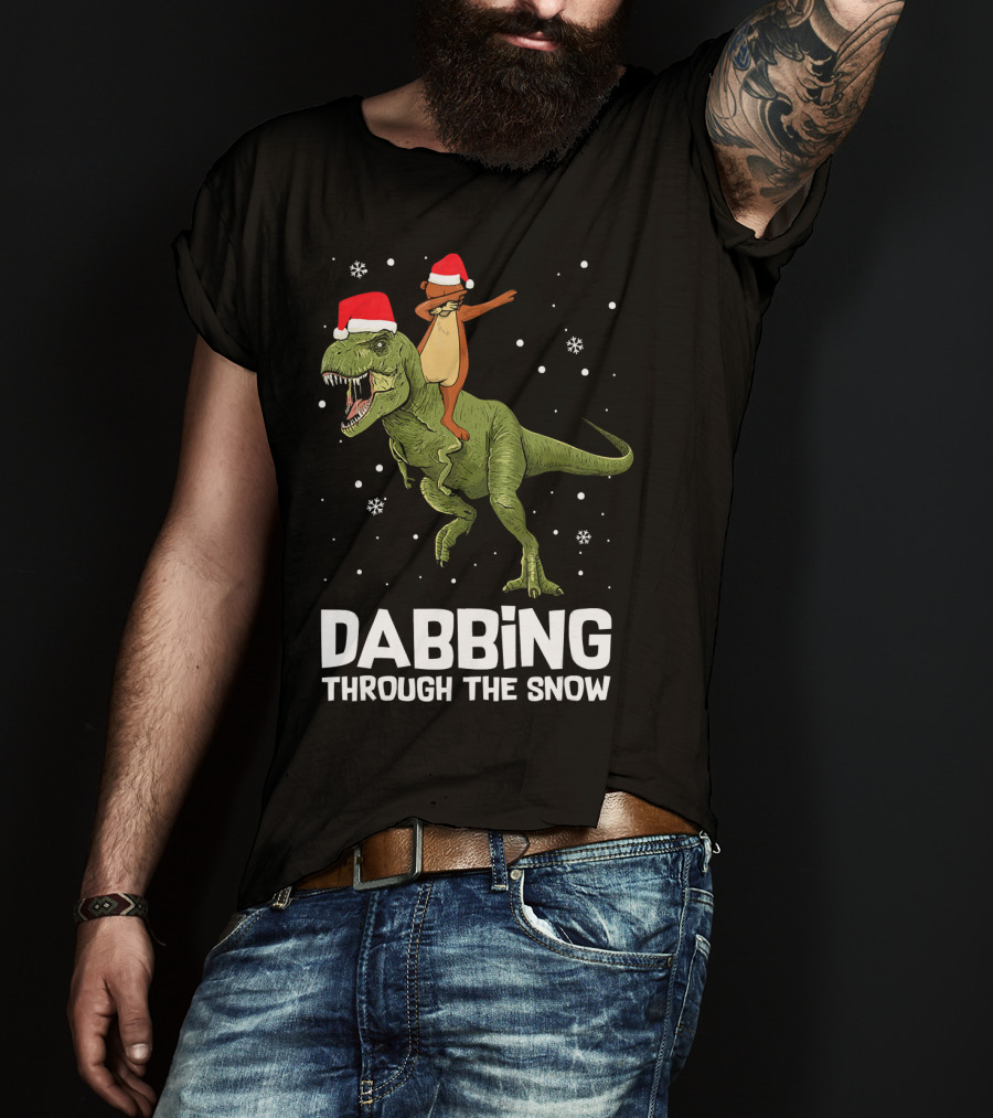 Dabbing Through The Snow Otter Rides Dinosaur Santa Hats T-Shirt