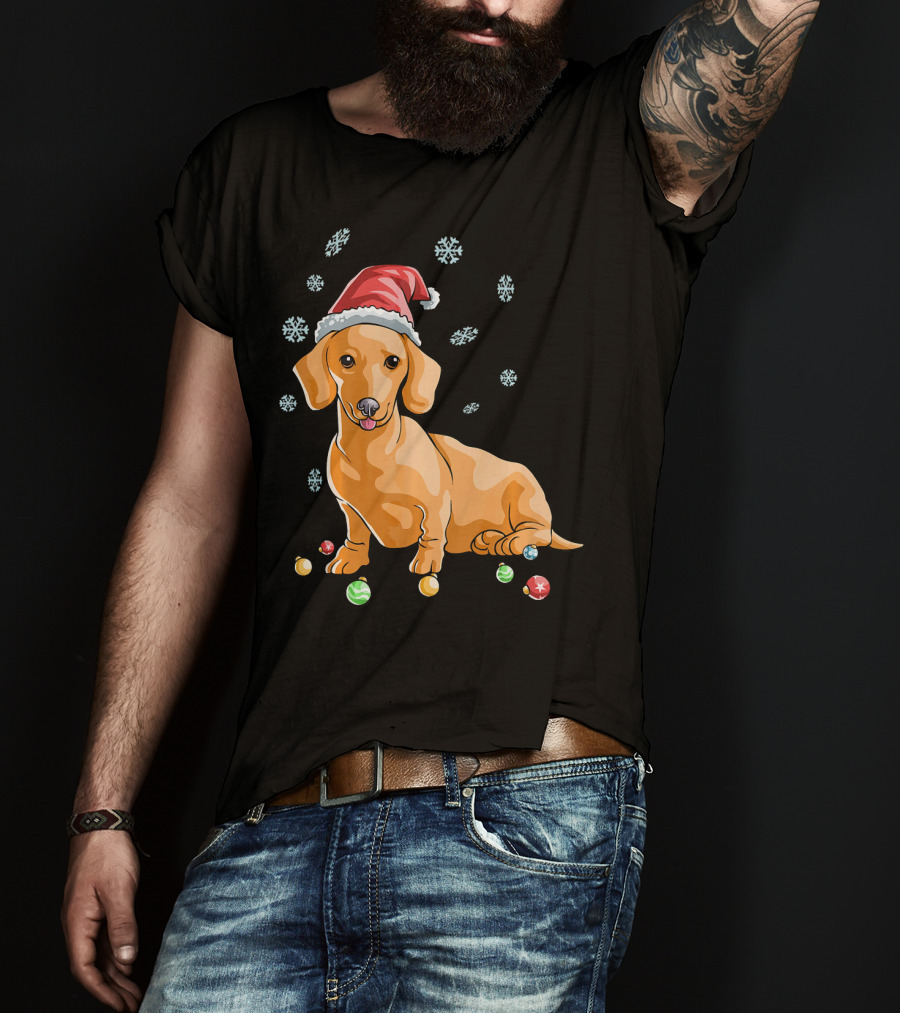 Wiener Dog Dachshund Puppy Santa Hat Snowflakes Holiday T-Shirt