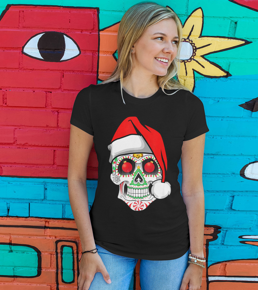 Jingle Jangle Christmas Sugar Skull Santa Hat Peppermint T-Shirt