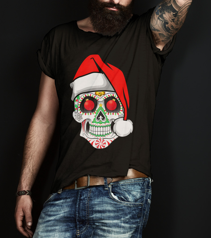 Jingle Jangle Christmas Sugar Skull Santa Hat Peppermint T-Shirt