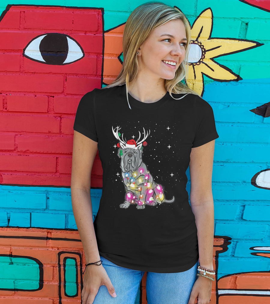 Neapolitan Mastiff With Christmas Lights And Santa Hat In Snowy Night T-Shirt