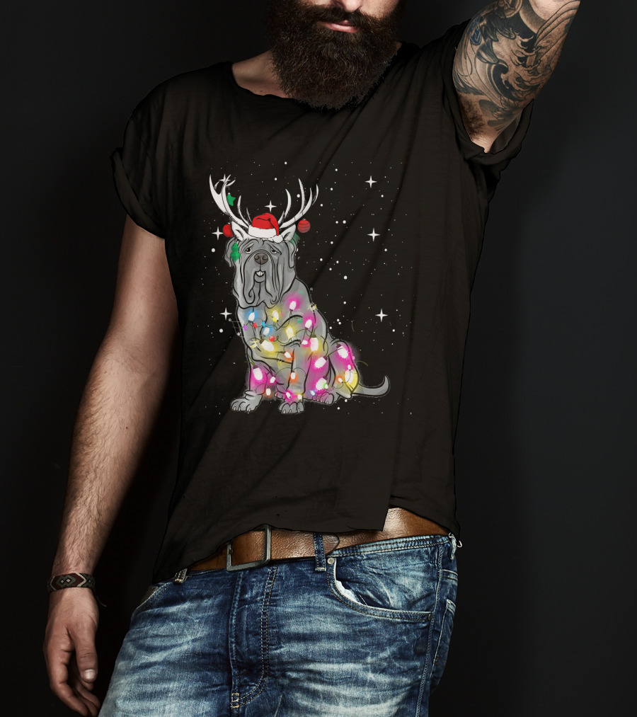 Neapolitan Mastiff With Christmas Lights And Santa Hat In Snowy Night T-Shirt