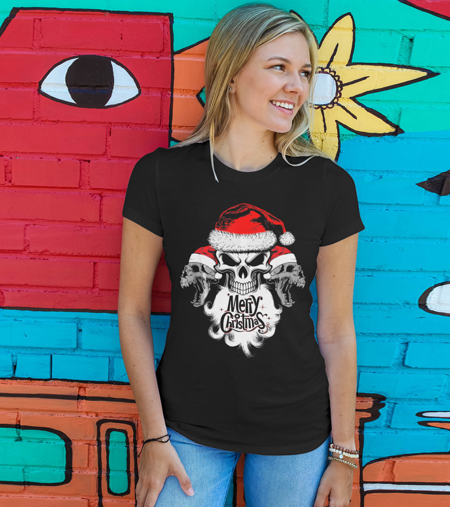 Merry Christmas Funny Skull Santa With Santa Hat And Beards T-Shirt