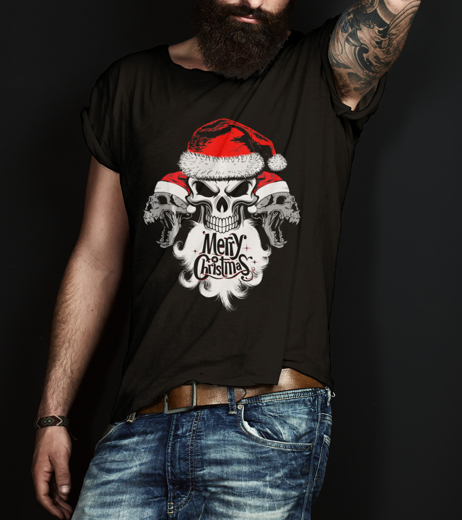 Merry Christmas Funny Skull Santa With Santa Hat And Beards T-Shirt
