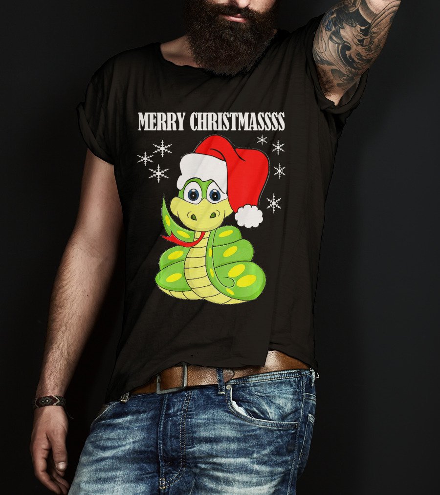 Merry Christmassss Snake Cute Snak Santa Hat Snowflakes T-Shirt
