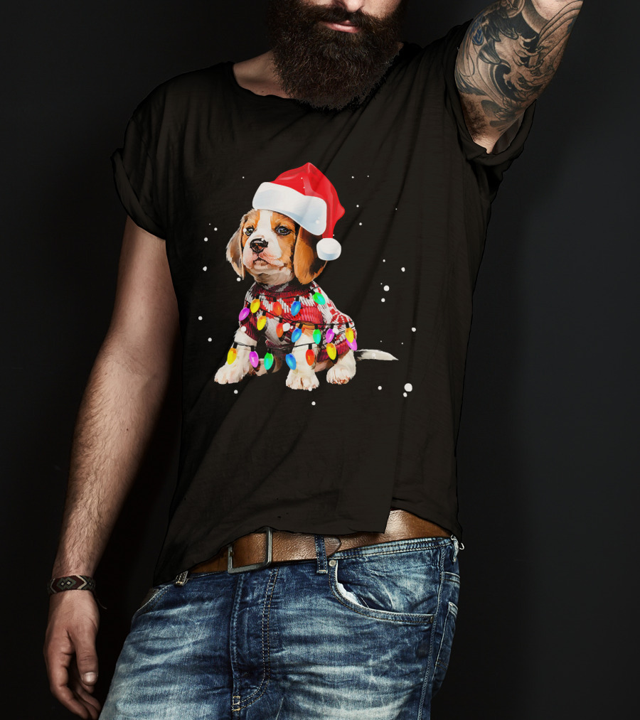 Santa Hat Beagle Wrapped In Christmas Lights T-Shirt