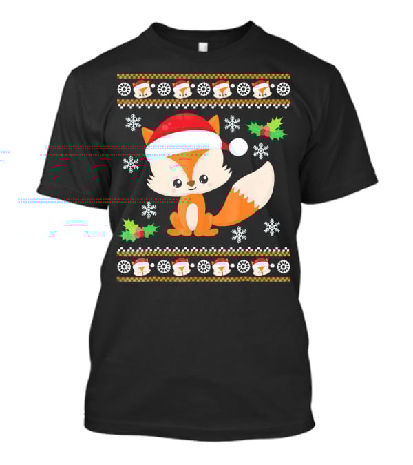 Cute Festive Fox With Santa Hat And Snowflakes T-Shirt