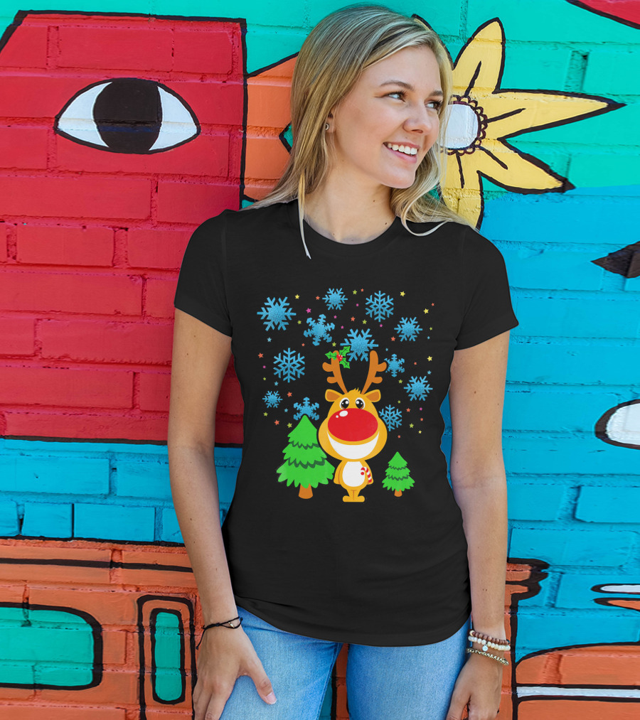 Christmas Reindeer With Snowflakes And Trees Family Matching T-Shirt