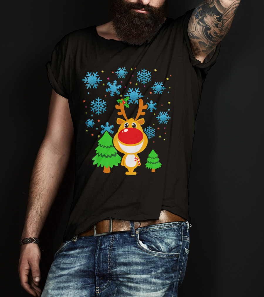Christmas Reindeer With Snowflakes And Trees Family Matching T-Shirt